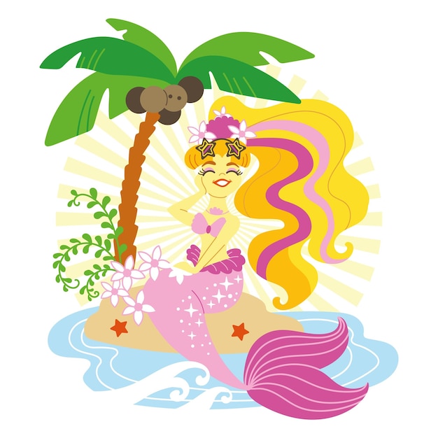 Vector cute cartoon mermaid with pink tail vector illustration