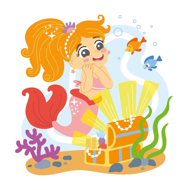 Cute cartoon mermaid con un vettore di scrigno del tesoro