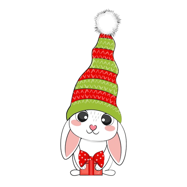 Cute cartoon Merry Christmas bunny. Vector stock illustration.