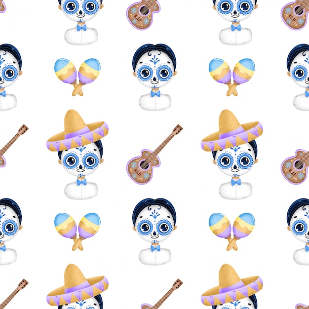 Cute cartoon mexican day of the dead seamless pattern. cartoon traditional mexican boy with sugar skull makeup, sombrero, guitar, maracas on a white background