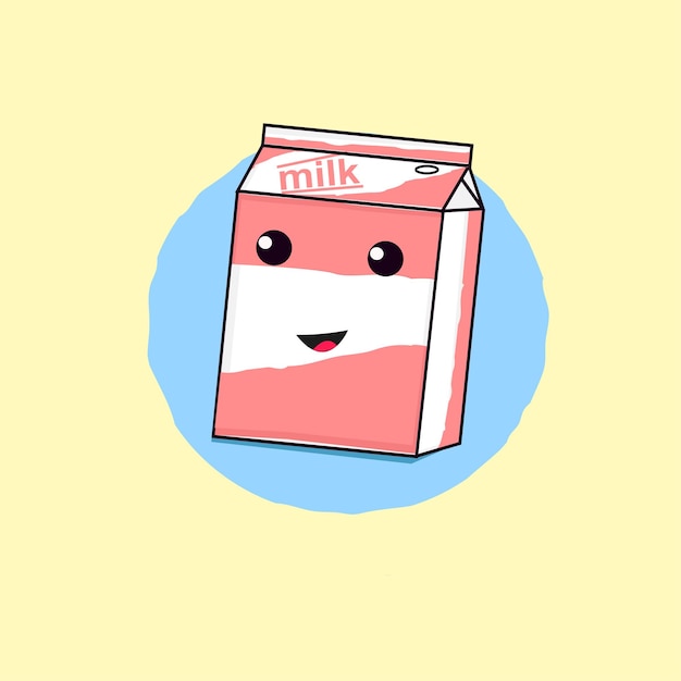 Cute cartoon milk box character. Kawaii milk carton with drinking straw and smiling face.