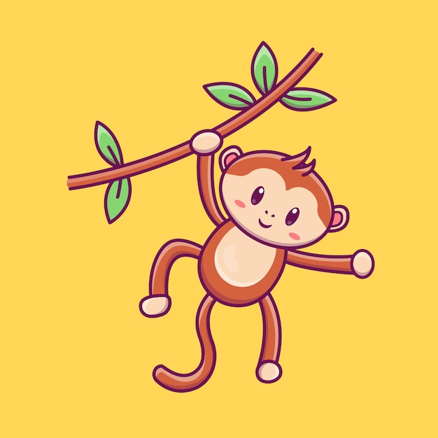 Vector cute cartoon monkey on a branch in vector illustration isolated animal vector flat cartoon style