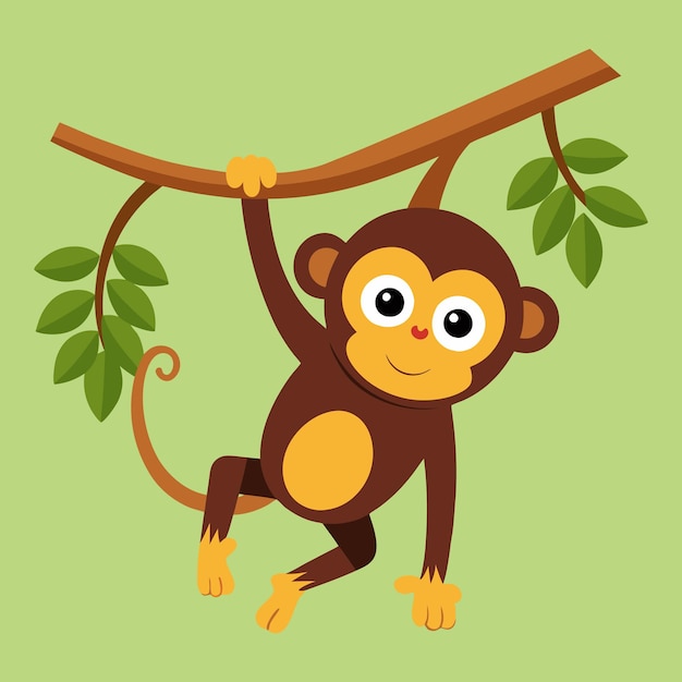 A cute cartoon monkey hanging from a branch
