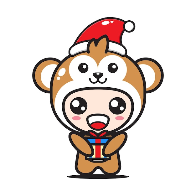 Cute cartoon monkey with christmas gift