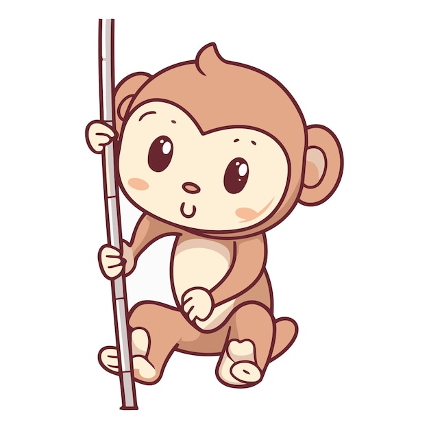 Vector cute cartoon monkey with wooden stick isolated on white background