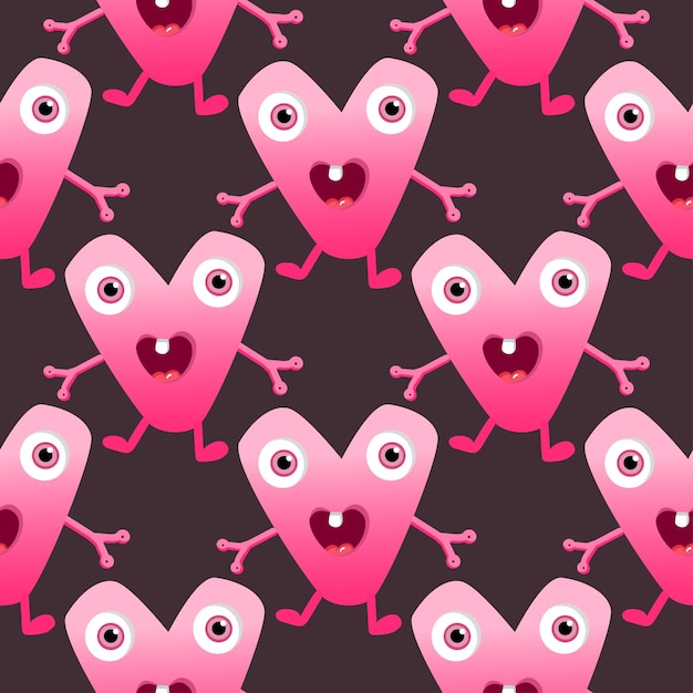 Cute cartoon Monster colorful vector pattern Eyes tongue tooth fang hands up Pink heart