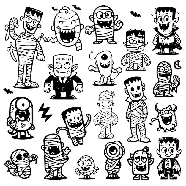 Cute cartoon monster frankenstein outline coloring book kids halloween illustration