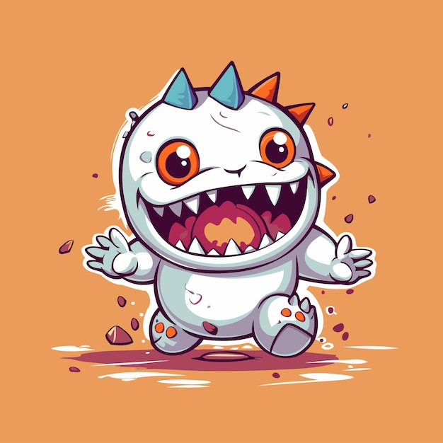 Cute cartoon monster with big teeth Vector illustration on orange background