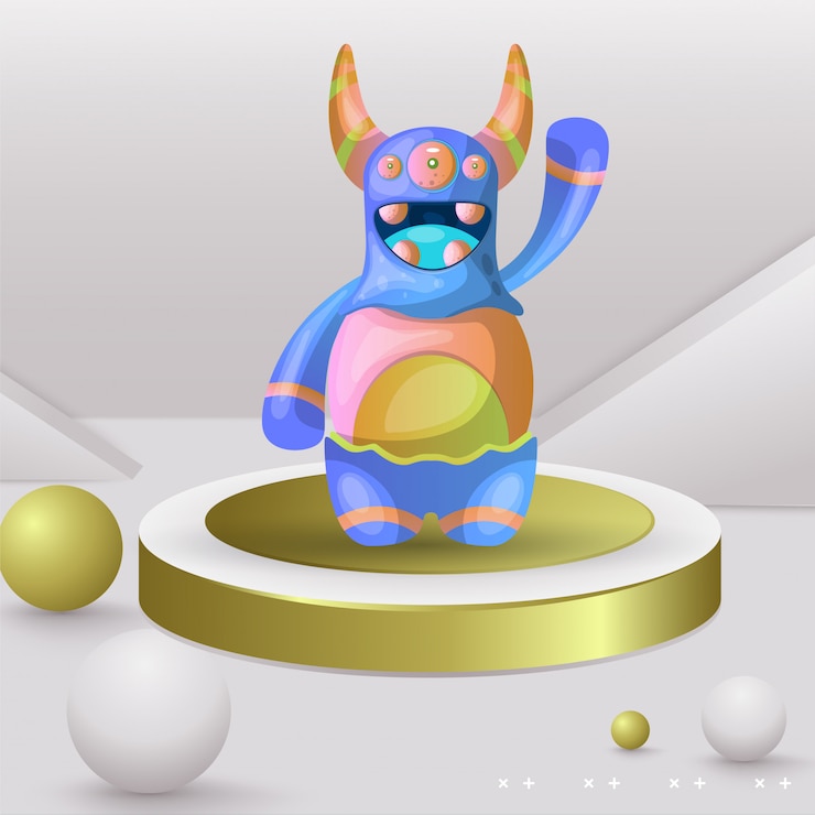 Vector cute cartoon monster with horns with one eye