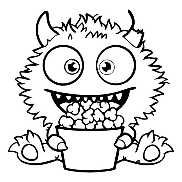 Vettore monstro cartoon carino con popcorn illustrazione vettoriale isolata su sfondo bianco