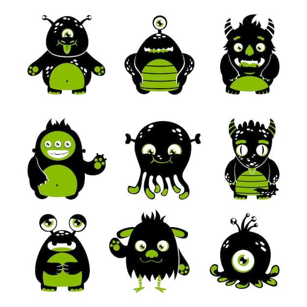 Симпатичные карикатуры монстры забавный инопланетянин черный и зеленый набор изолированных векторная иллюстрация