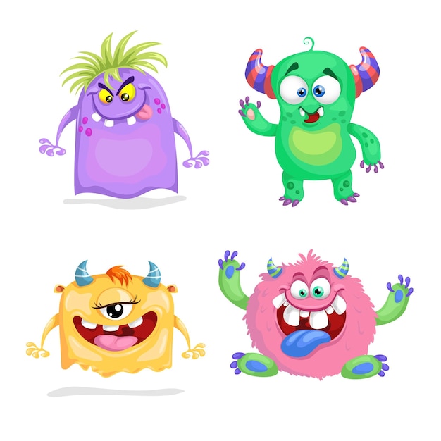 Vector cute cartoon monsters set goblins trolls and aliens halloween and birthday party characters vector illustrations collection