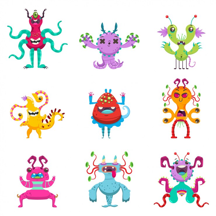 Vector cute cartoon monsters set. vector flat character of funny creatures isolated
