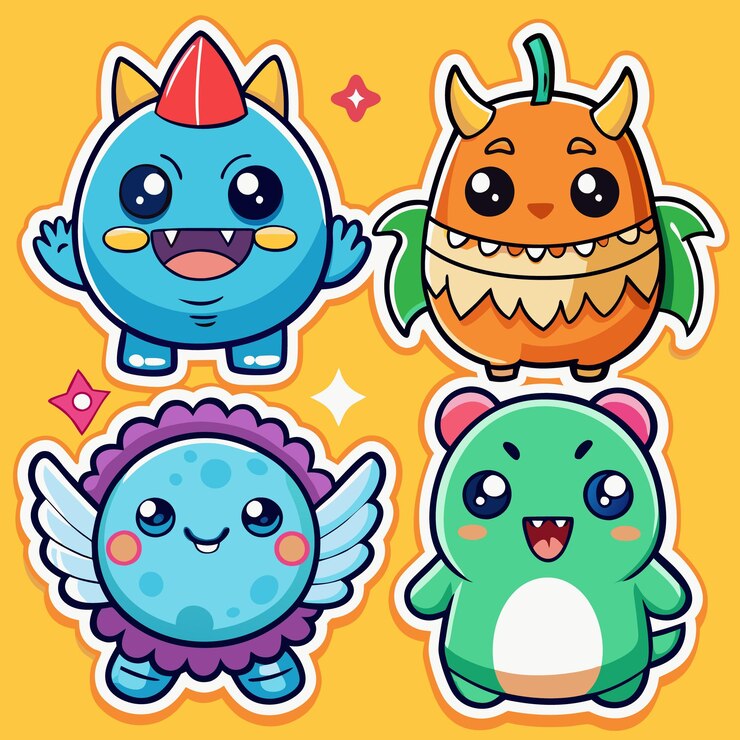 वेक्टर cute cartoon monsters in a sticker style set
