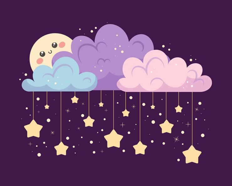 Vector cute cartoon moon behind clouds with lots of stars vector illustration in flat style