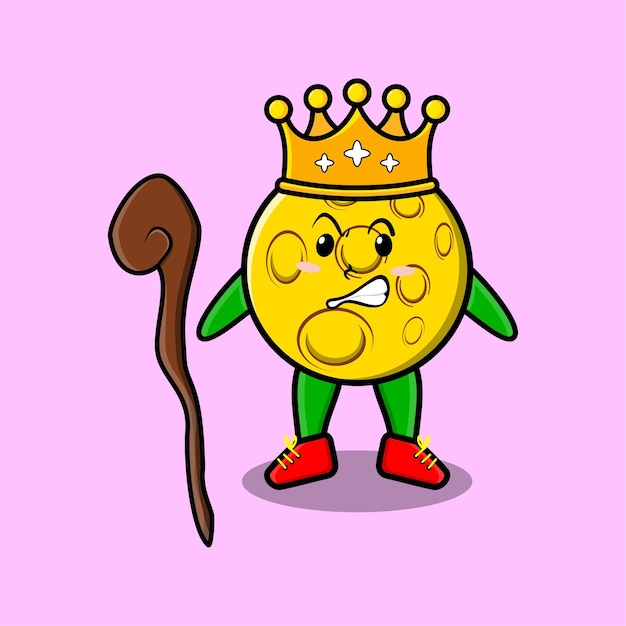 Cute cartoon moon mascot as wise king with golden crown and wooden stick cute modern style design fo