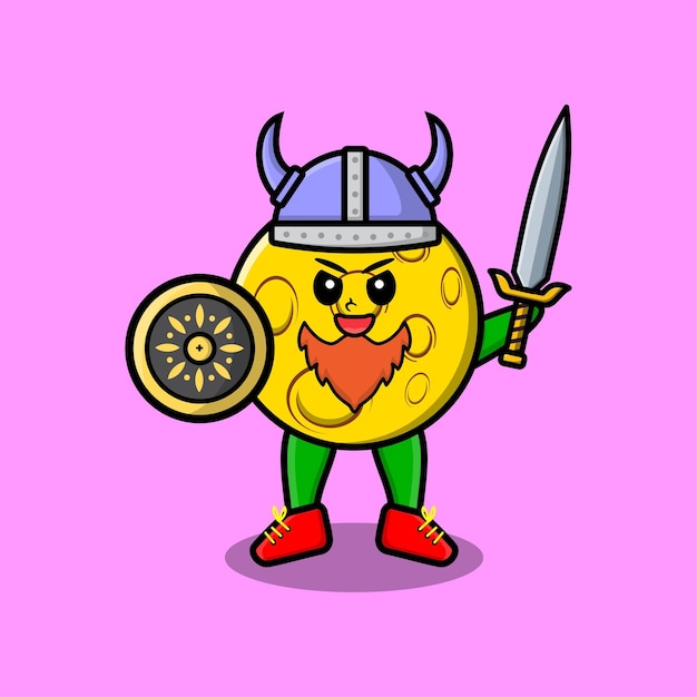 Cute cartoon moon viking pirate with hat and holding sword and shield in cute modern style design