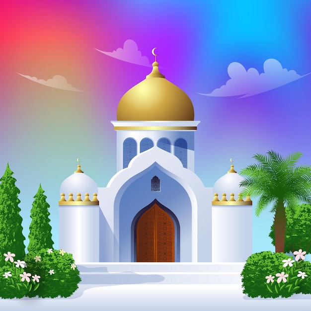 Vector cute cartoon mosque, ramadan kareem illustration with colorfull sky green and yard