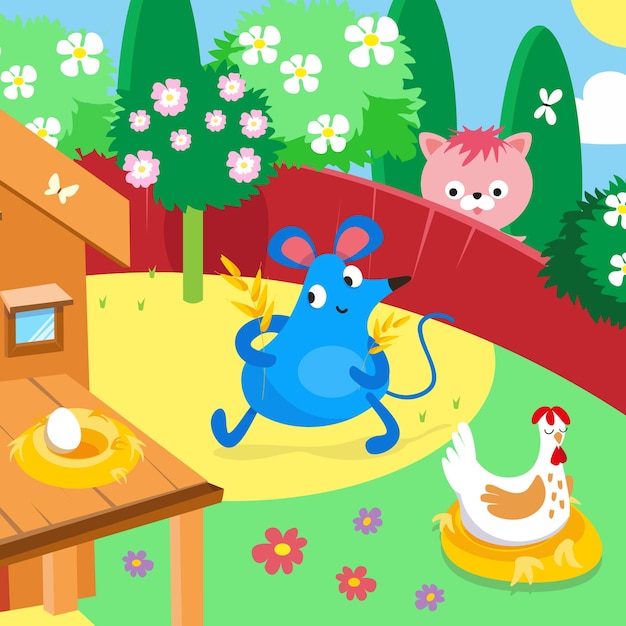 Vector cute cartoon mouse and chicken in the garden vector illustration