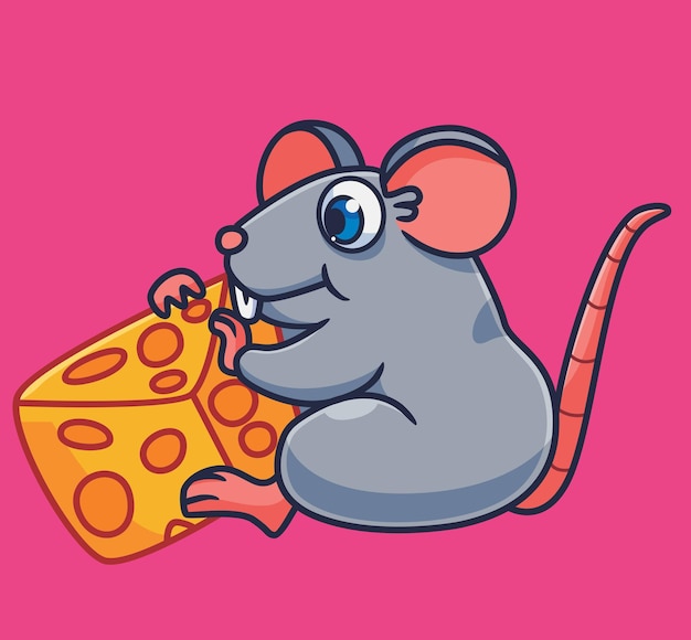 Vector cute cartoon mouse eating cheese isolated cartoon animal illustration vector