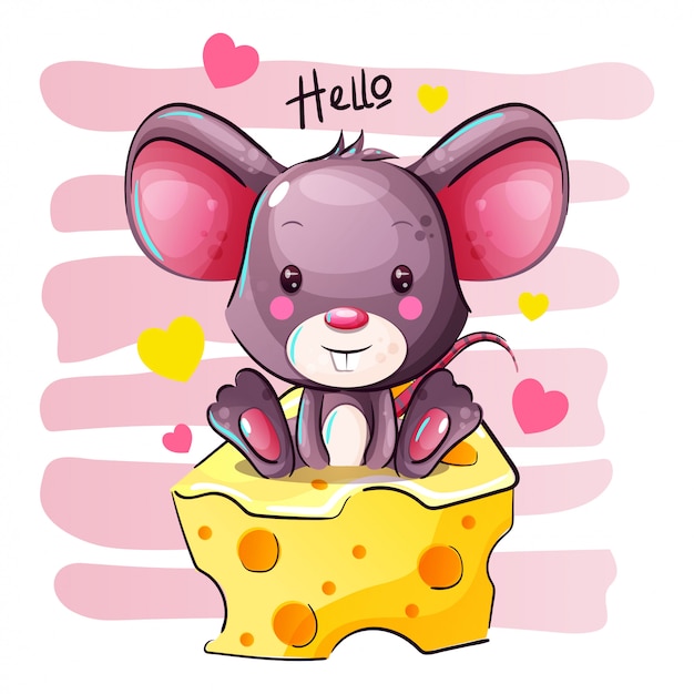 Cute cartoon mouse is sitting on a cheese