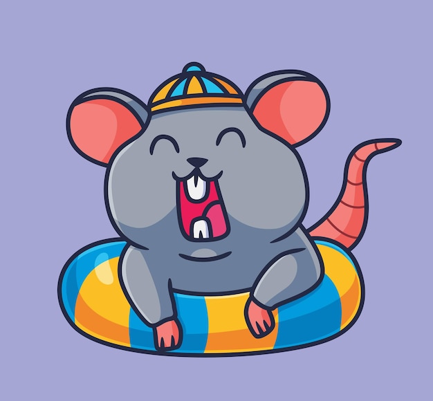 Cute cartoon mouse play summer lifebuoy isolated cartoon animal illustration vector