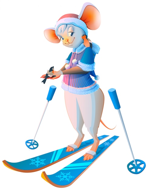 Cute cartoon mouse woman skiing character