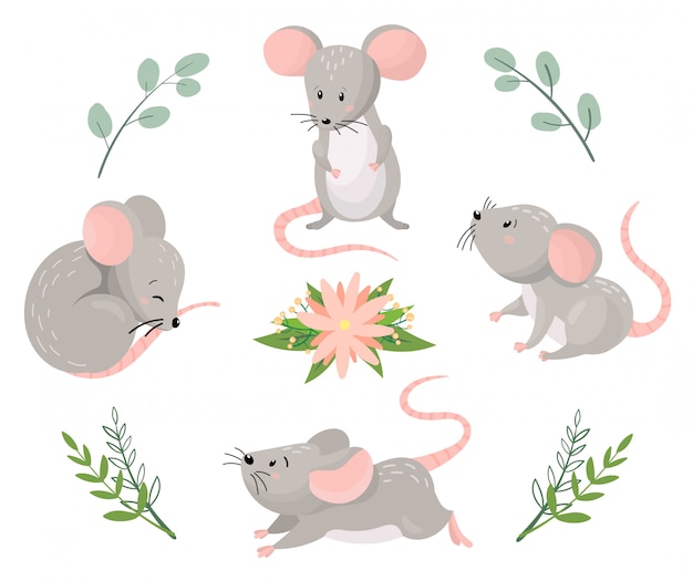 Вектор Симпатичные карикатуры мышки в разных позах с цветочными элементами. векторная иллюстрация