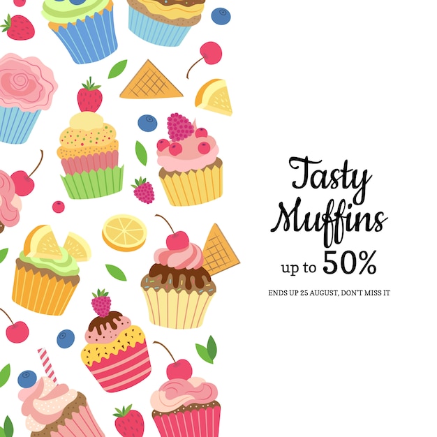 Cute cartoon muffins of cupcakes sjabloon met plaats voor tekst illustratie