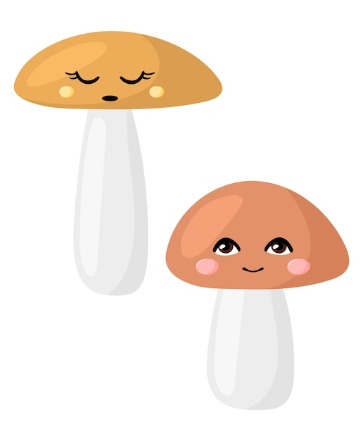 Cute cartoon mushrooms on a white Sticker Icon Card Sleep and happy Nature Vector texture