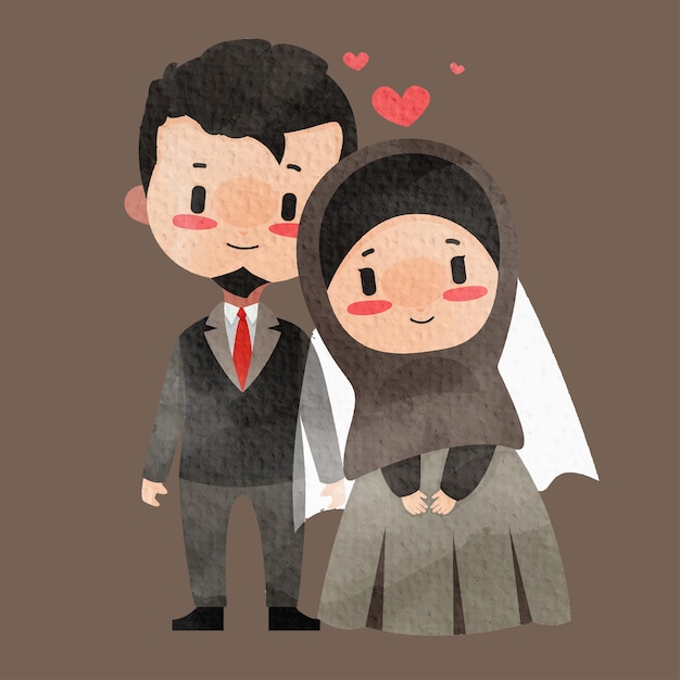 Cute cartoon muslim couple wedding watercolor