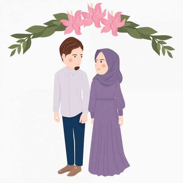 Vector cute cartoon muslim  couple