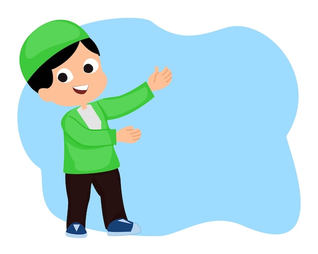 Vector cute cartoon muslim kids celebrating ramadan kareem or cute muslim boy character