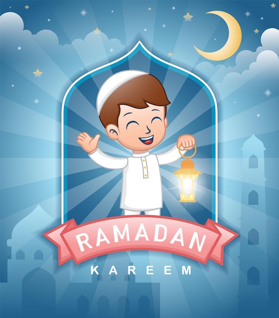 Cute cartoon Muslim kids holding lantern at Ramadan night