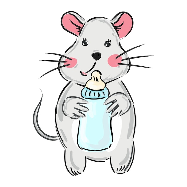 Cute cartoon neonato mouse con bottiglia di latte illustrazione vettoriale di un animale su sfondo bianco