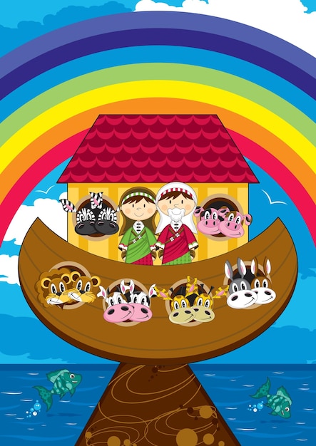 Cute Cartoon Noah and the Ark with Animals Two by Two Biblical Illustration