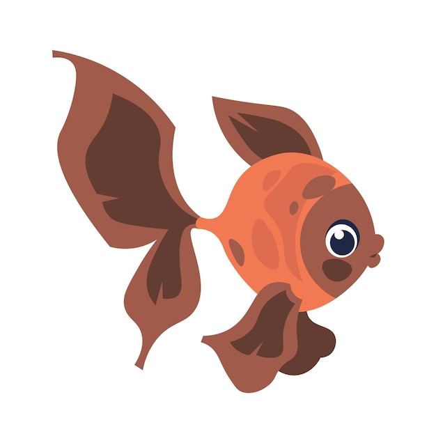 Cute cartoon ocean fish Undersea swimming creature sea animal with bright tail fins and scales brown colors aquarium goldfish Marine isolated single element underwater fauna vector illustration