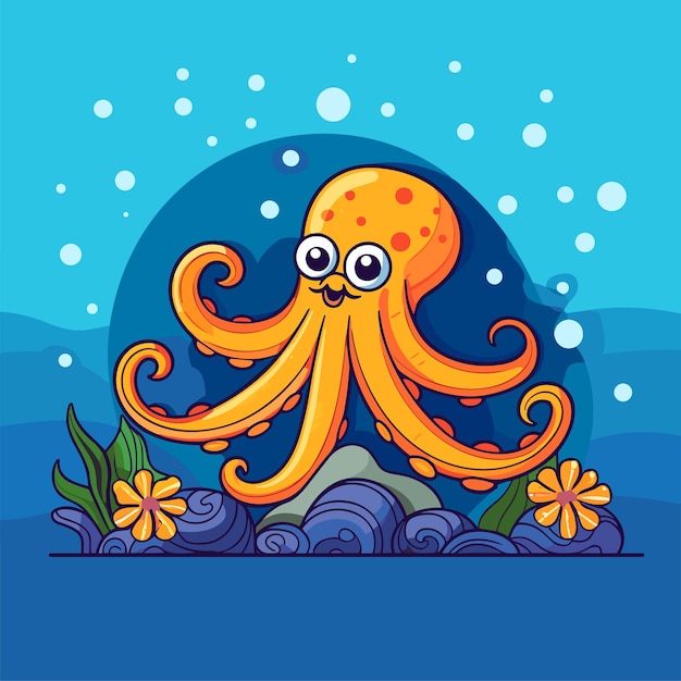 Cute Cartoon Octopus Underwater Vector Illustration