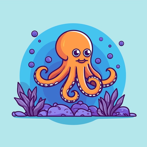 Cute Cartoon Octopus Underwater Vector Illustration