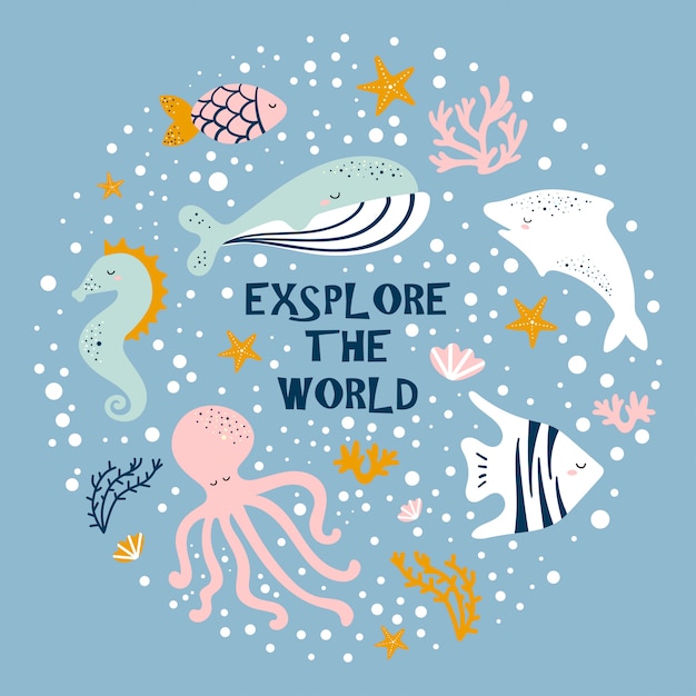 cute cartoon octopus, whale, seahorse, fish.