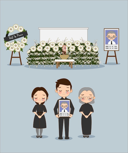 葬式でアジアの家族の一員のかわいい漫画