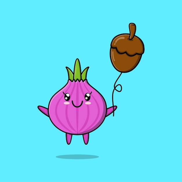 Cute cartoon onion floating with acorn balloon cartoon vector illustration