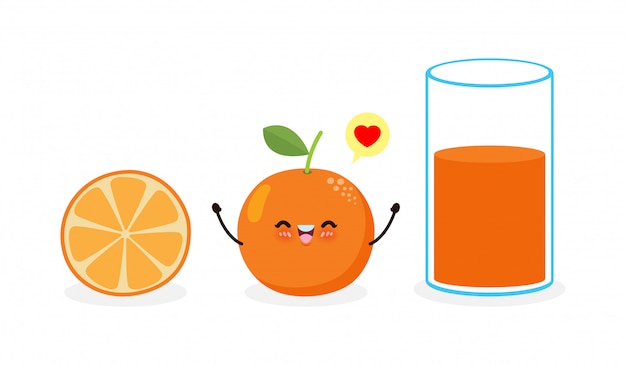Вектор Милый мультфильм апельсиновый и апельсиновый сок стекла, счастливый завтрак смешные фрукты персонажи лучшие друзья набор, концепция с едой здоровой пищи, изолированных на белом фоне иллюстрации