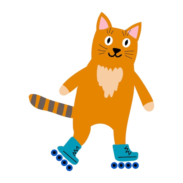 Cute cartoon orange cat on rollers isolated on white background sports pet in childlike flat style