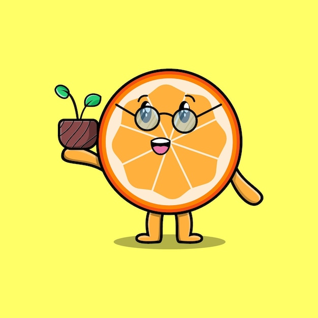 Cute cartoon orange fruit holding plant in a pot