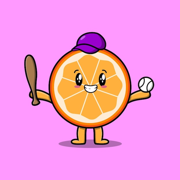 Cute cartoon orange fruit playing baseball