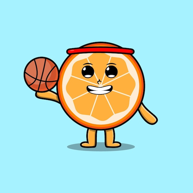 Cute cartoon orange fruit playing basketball