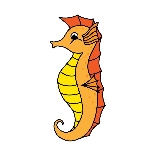 Cute cartoon orange seahorse isolated on white background Vector children's doodle style illustration hand drawn