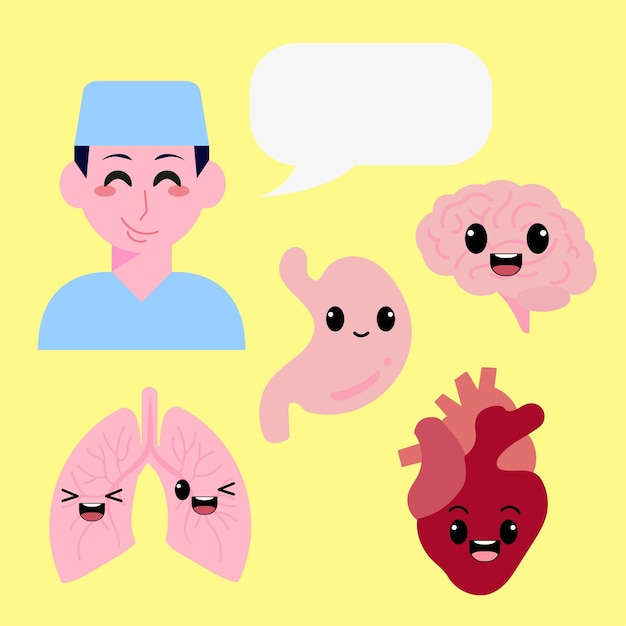 Cute cartoon organs set with a doctor happy smile and healthy vector