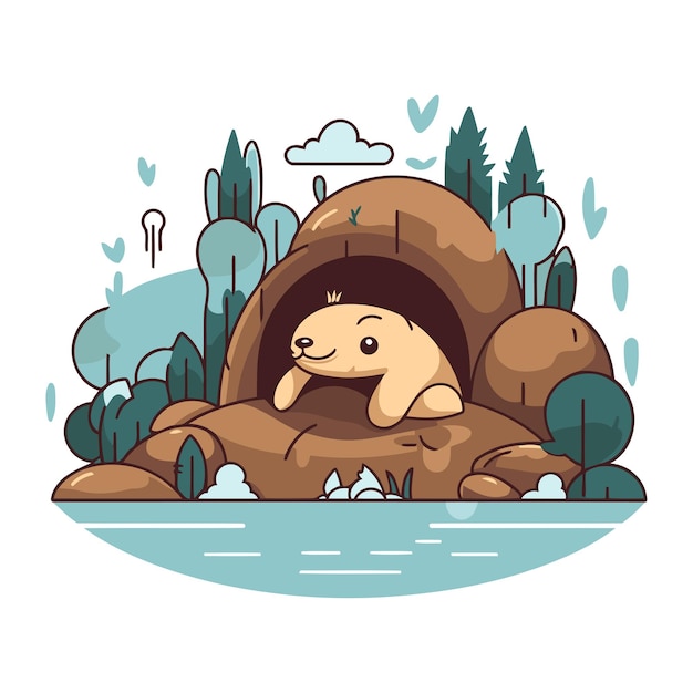 Vector cute cartoon otter in a cave on the river vector illustration